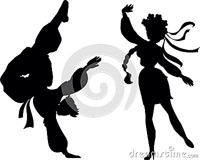 Ukrainian national dance hopak. A girl and a guy are dancing a dance in national Ukrainian costumes. Silhouette. Vector Illustration